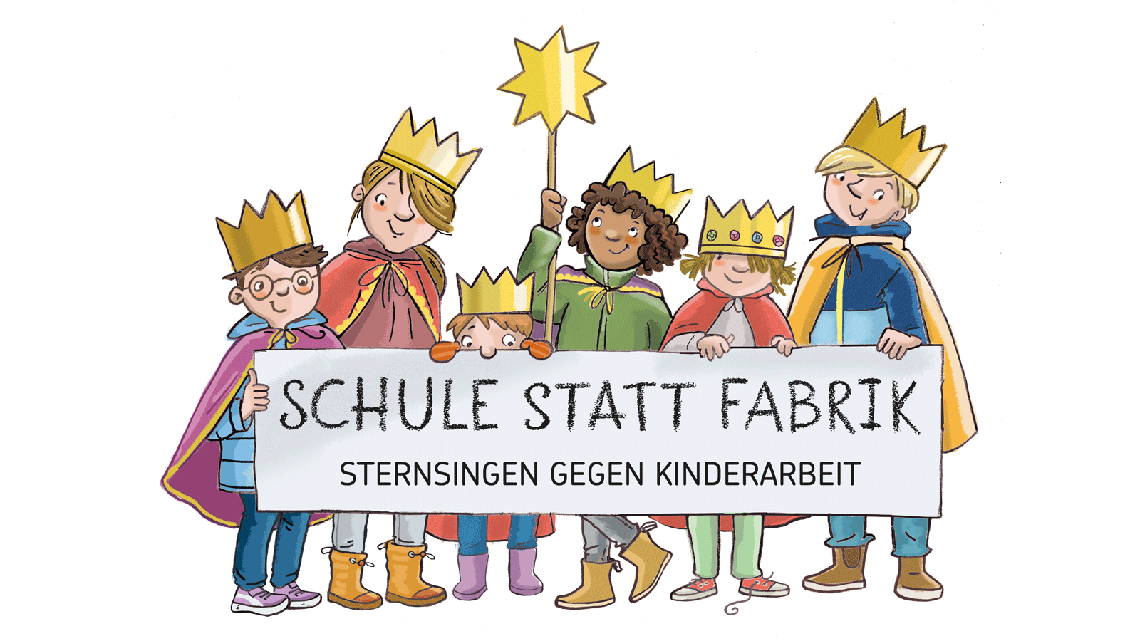 Logo der Sternsingeraktion 2026 "Schule statt Fabrik", Sternsingen gegen Kinderarbeit. Die Stersinger halten ein Plakat mit diesen Thesen in den Händen